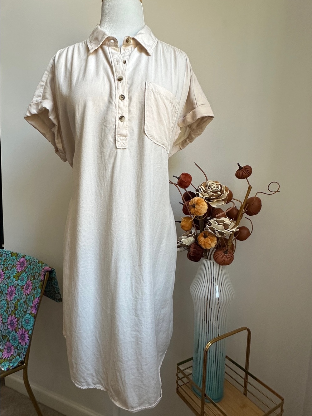 Wonderly Cream Short-Sleeve Midi Shirt Dress